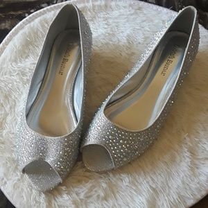 David's Bridal silver peep toe reception flats